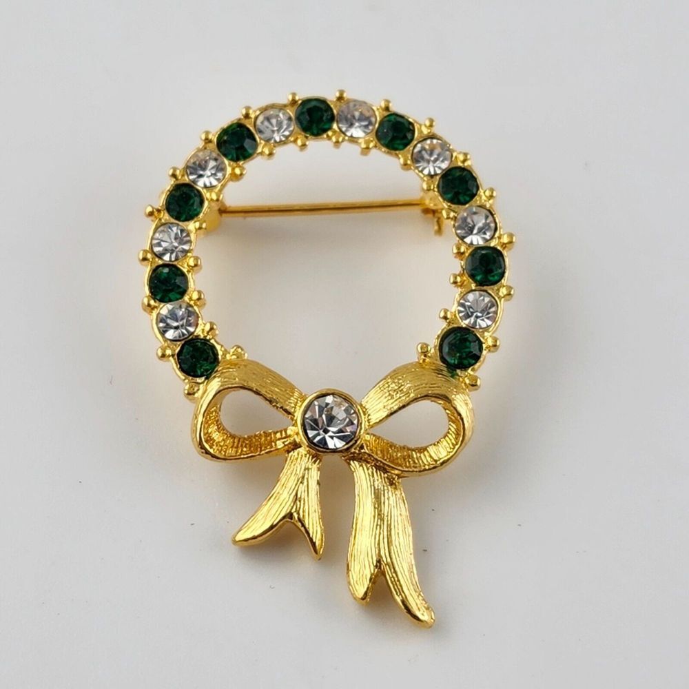 Vintage Gold-Tone Wreath Brooch With Green & Clear Rhinestones